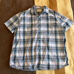 Flag and Anthem men’s XL pink, purple, blue plaid short sleeve button down shirt